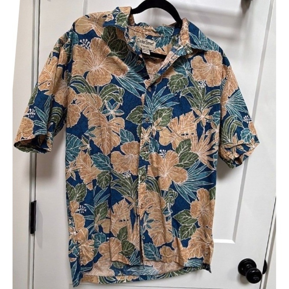 Cooke Street Honolulu Hawaiian Shirt Mens LG Blue Floral 100% Cotton Button Up